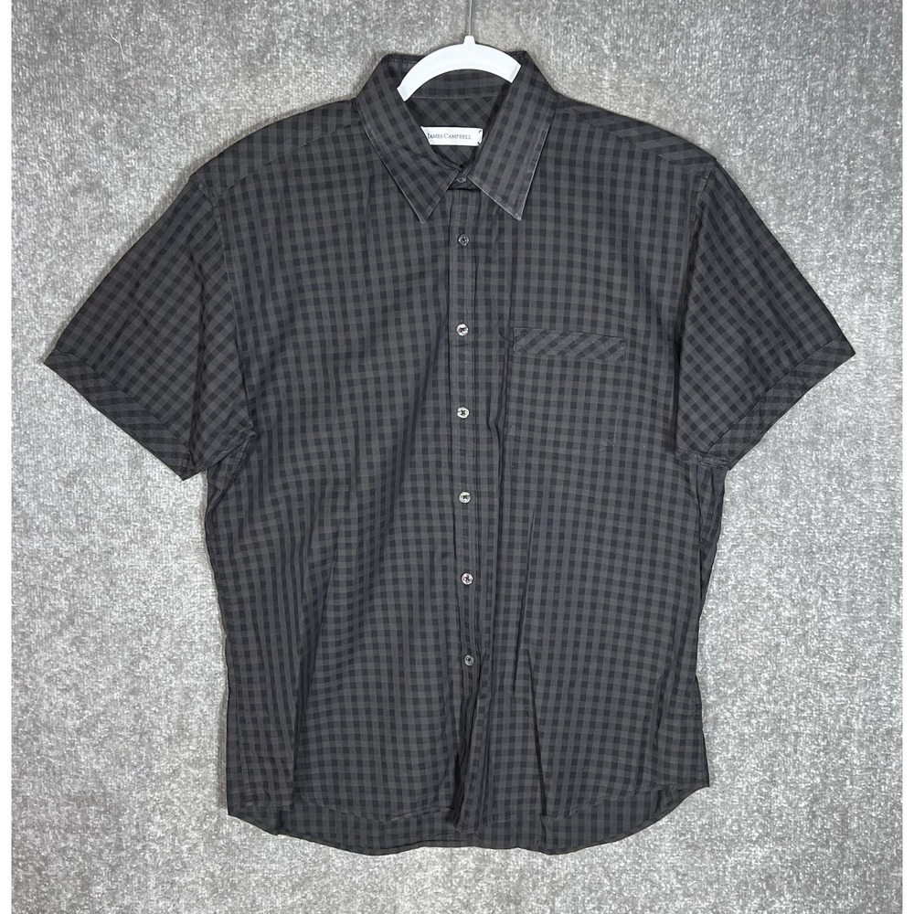 James Campbell Button Up Shirt Mens Size Large Gray Gingham Cotton Chest Pocket